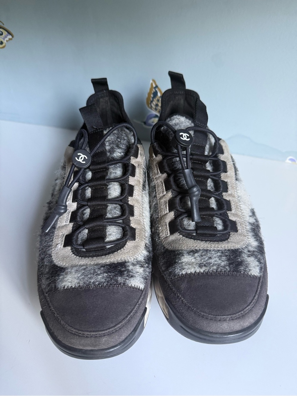Chanel Black Gray Suede Felted Wool CC Cinch Close Sneakers - Picture 3 of 15